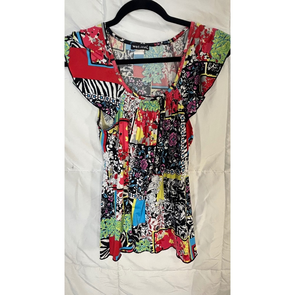 Wet Seal Patchwork Floral Butterfly Sleeve Top Women's Medium Bright Colors